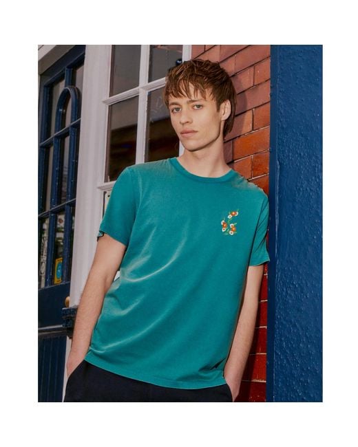 INGMARSON Blue Floral Embroidered Organic Cotton T-Shirt for men