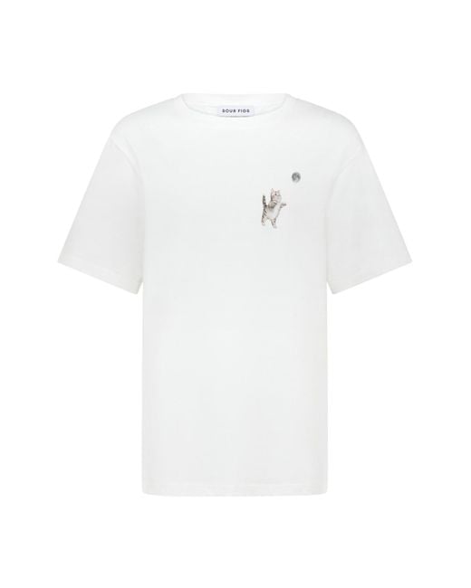 Sour Figs White Kitten And Moon Print T-Shirt