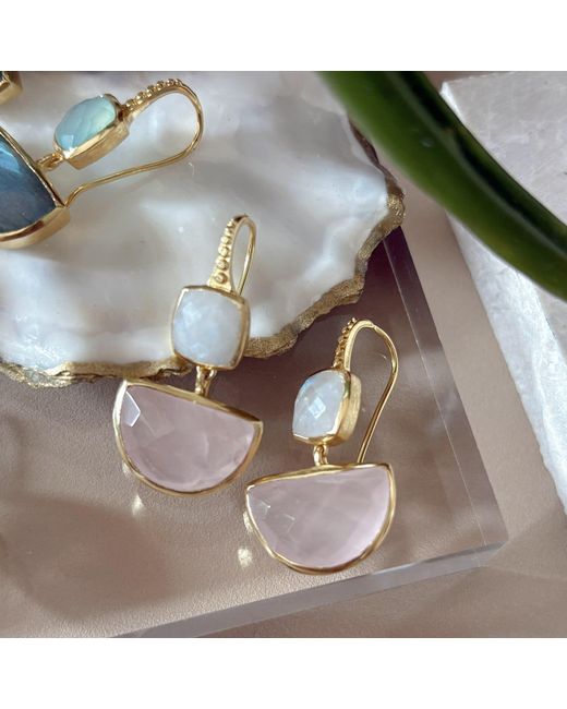 Azuni London Pink Charis Halfmoon Double Gemstone Earrings Moonstone & Rose Quartz