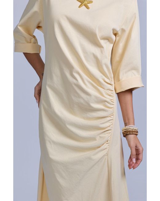 Rave on Trend Yellow Ruched Cotton T-Shirt Dress