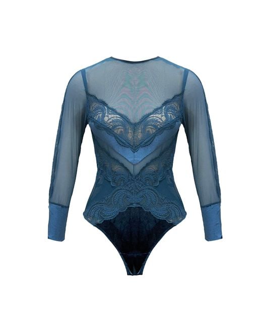 Carol Coelho Blue Hydros Lace, Velvet & Tulle Long Sleeve Bodysuit
