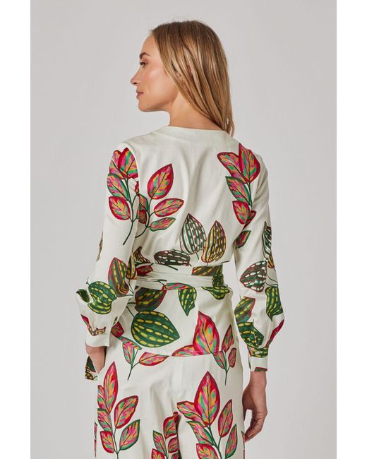 Marianna Déri White Wrap Blouse With Leaf Print
