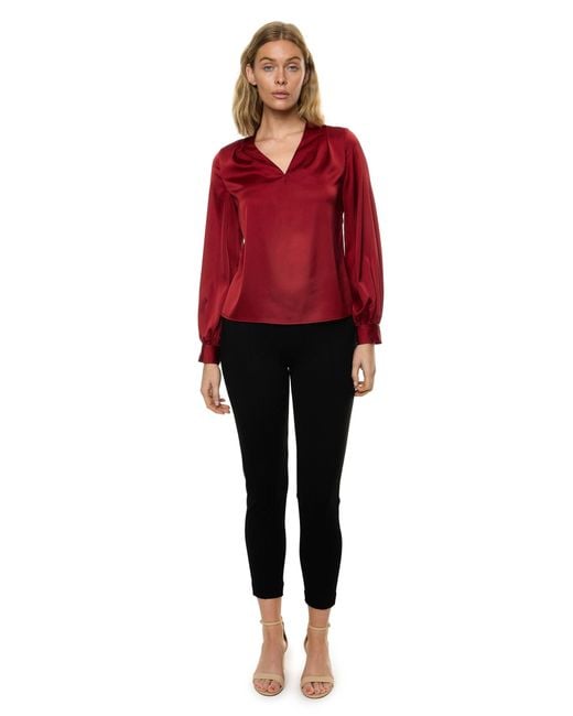 Carloslines Red V-Neck Pleat Detail Balloon Long Sleeve Blouse