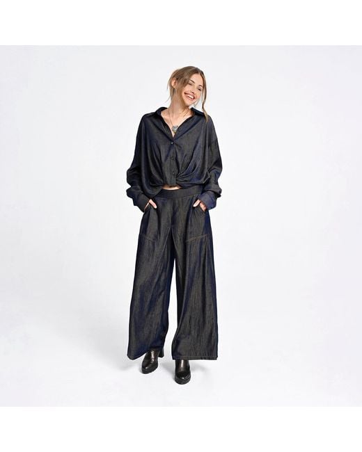 Lalipop Design Blue Wide-Leg Pants With Contrast Stitching