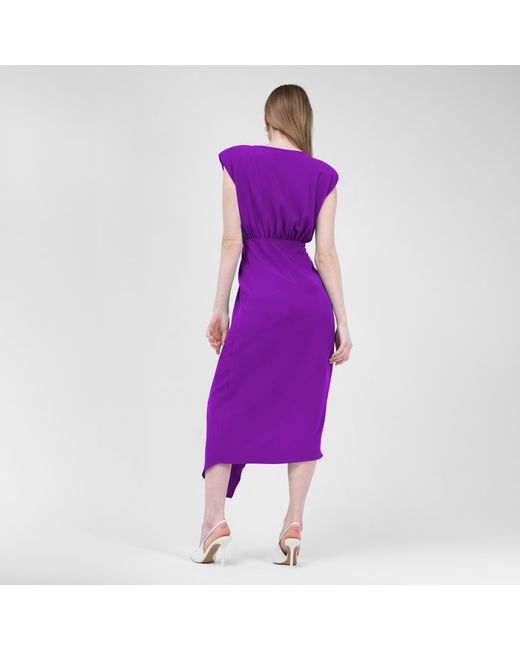 BLUZAT Bright Purple Midi Dress With Draping And Pleats
