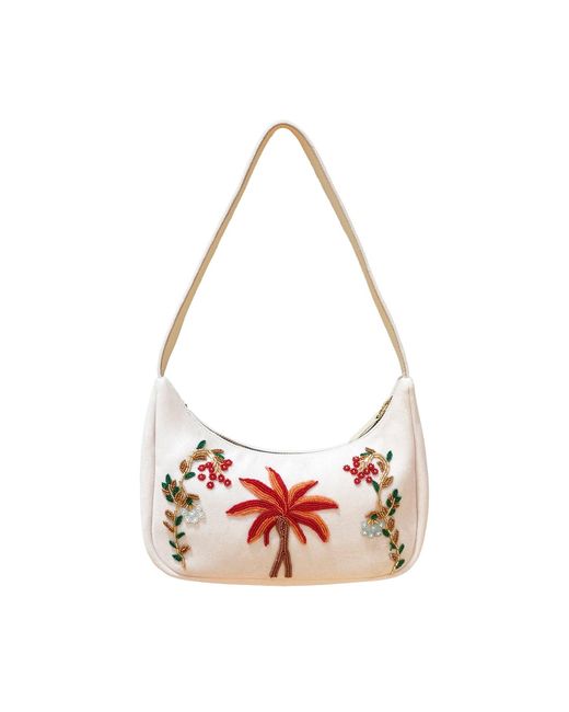 Laura Slings Pink Beaded Shoulder Bag With Palm Tree & Flowers Embroidery And Embellished Details