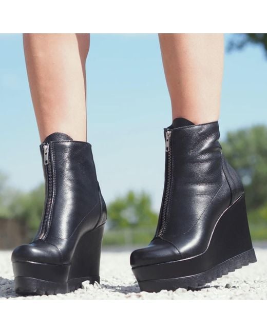 Adrenaline Fashion Blue Handcrafted Leather Wedge Ankle Boots With Zipper – Genuine Leather Designer Handmade Boots