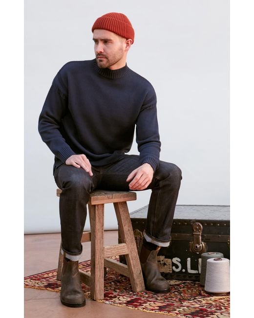 Paul James Knitwear Blue Midweight Cotton Linen Sark Mock Neck Gansey Jumper for men
