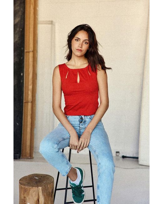 Marianne by Marie Jordane Red Gaby Teardrop Neckline Top