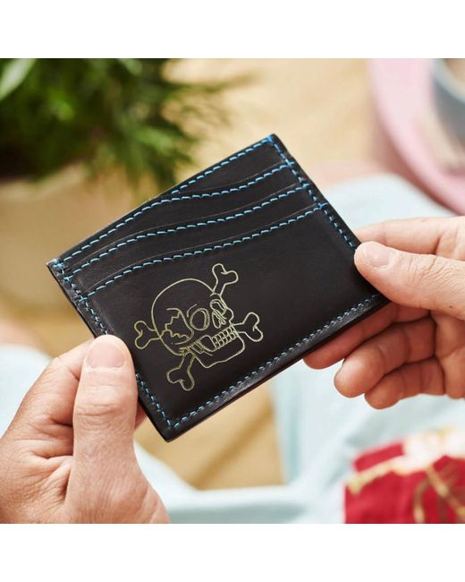 VIDA VIDA Black Leather Card Holder Skull for men