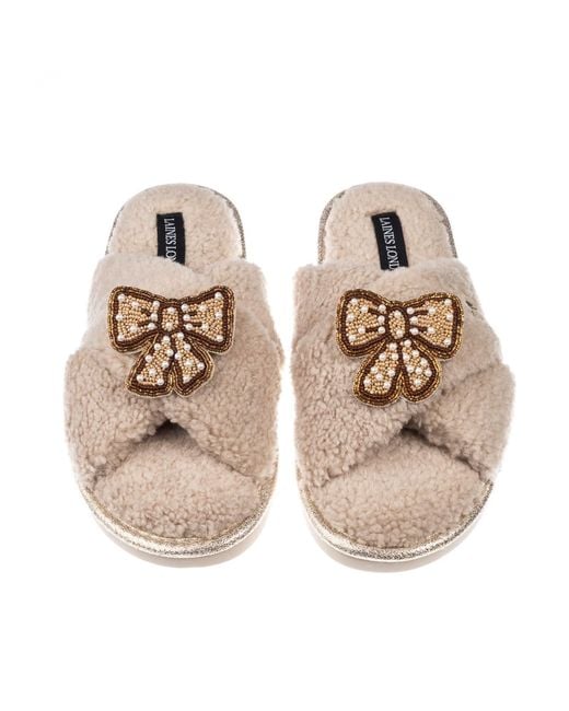 Laines London Natural Neutrals Neutral Boucle Slippers With & Pearl Beaded Pretty Bow Brooches