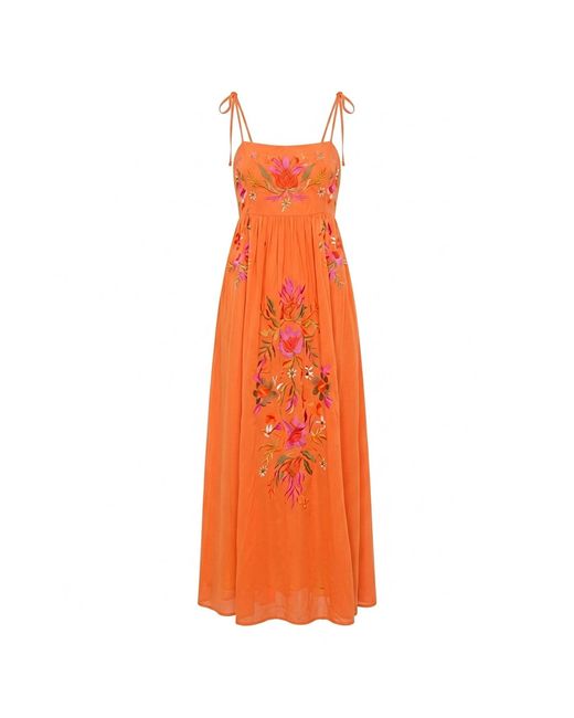 Raffya Orange Furla Smocked Panel Embroidered Midi Dress