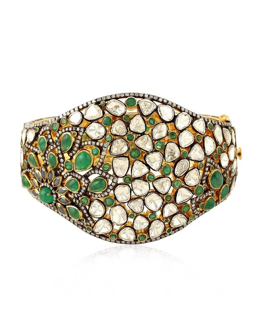 Artisan Green 18k Gold With 925 Silver In Bezel Set Rose Cut Diamond & Emerald Marquise Spinal Victorian Bangle