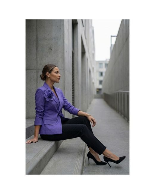 Modenaire Purple Structured Blazer Tailored Fit Floral Appliqué