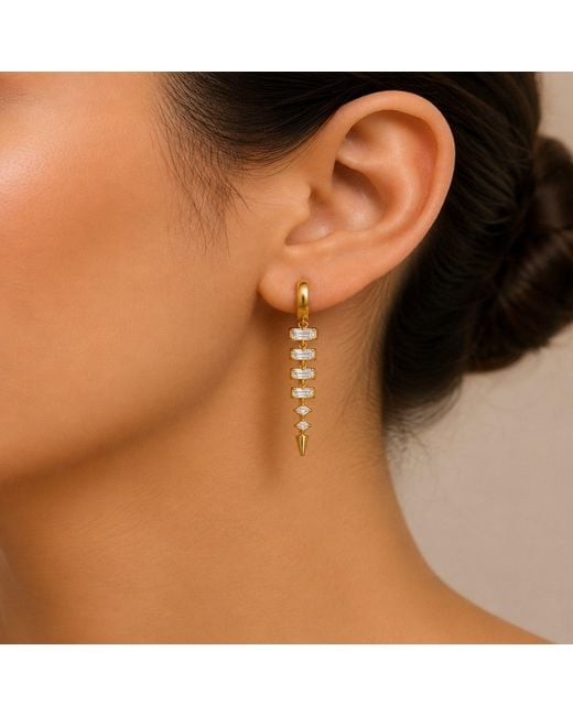 Artisan Metallic 14K Baguette Diamond Drop Huggie Hoop Earrings