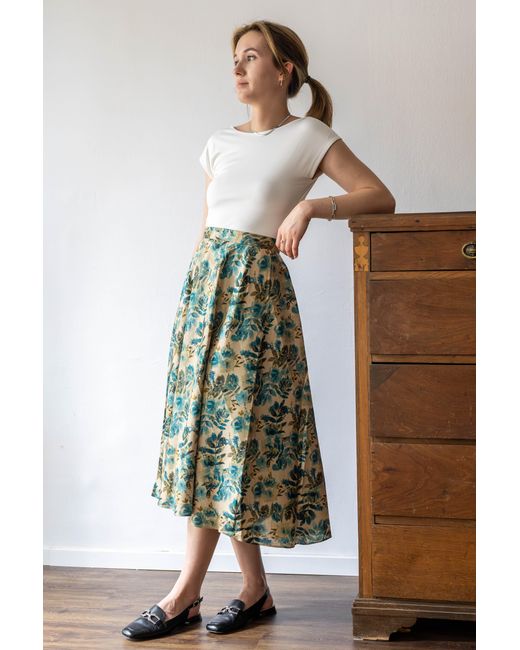 Stovaria Green Raw Silk & Cotton Blend Ankle Length A Line Skirt
