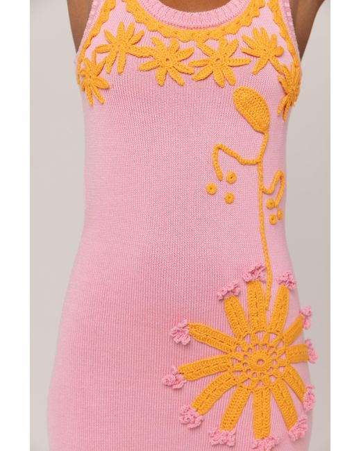 Andreeva White Golden Daisy Knit Dress With Handmade Embroidery
