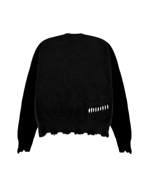 X Ilona Blue Black Legacy Logo Cotton Distressed Fuzzy Knit Raw Cut Sweater