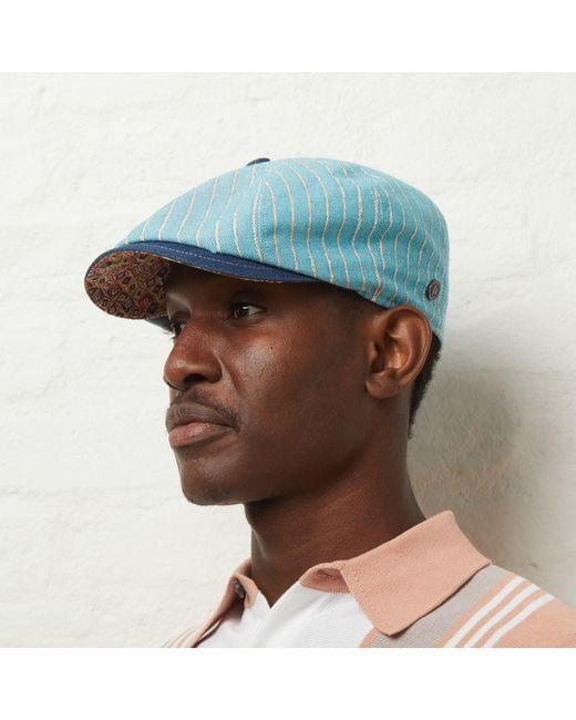 Dasmarca Hats Blue Lloyd Stripe Peaked Summer Italian Linen Bakerboy Newsboy Cap for men