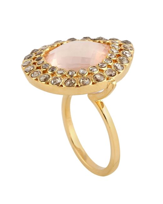 Artisan Metallic Natural Rose Quartz Diamond Cocktail Ring 18k Yellow Gold