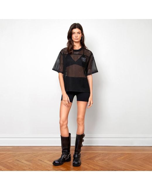 X Ilona Blue Black Graffiti Teddy Bear Sheer Mesh T Shirt
