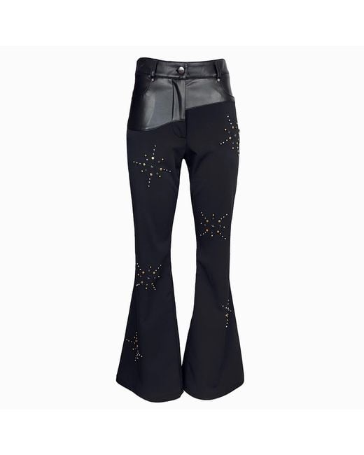 Lalipop Design Blue Vegan Leather Detailed Trim Flared Pants With Stud Embellished Stars