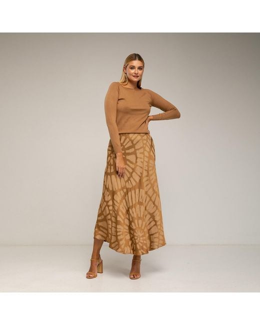 Tantra Spain Sl Brown Midi Skirt With Silk, Geometric Print, Pockets, And Elastic Waistband