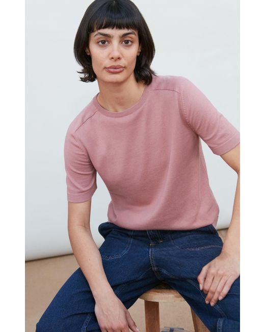 Paul James Knitwear Purple Ultra Fine Cotton Cassie Saddle Shoulder Knitted T-Shirt