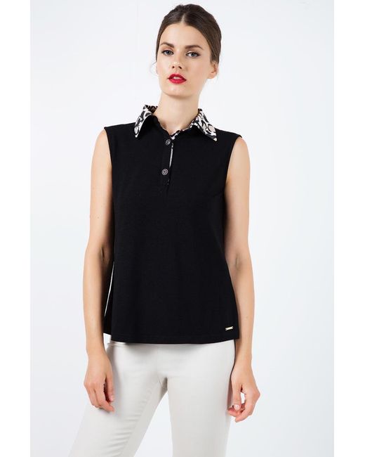 Conquista Black Silk Blend Sleeveless Top With Polo Collar