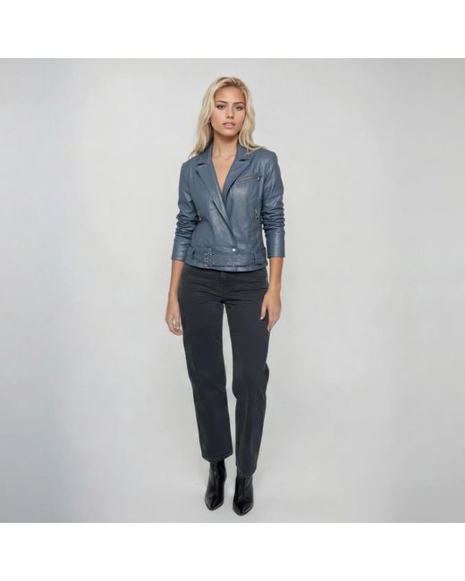 Freaky Nation Blue Leather Biker Jacket Graphite
