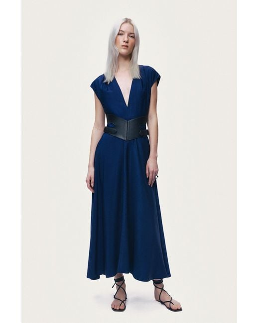 Nocturne Blue V-Neck Belted Midi Dress
