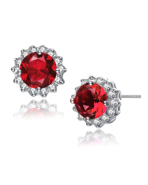Genevive Jewelry Red Sterling Silver White Gold Plated Ruby Cubic Zirconia Button Earrings
