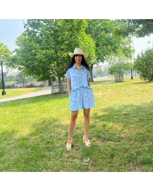 L2R THE LABEL Blue Floral Light Print Linen Short-Sleeved Shirt