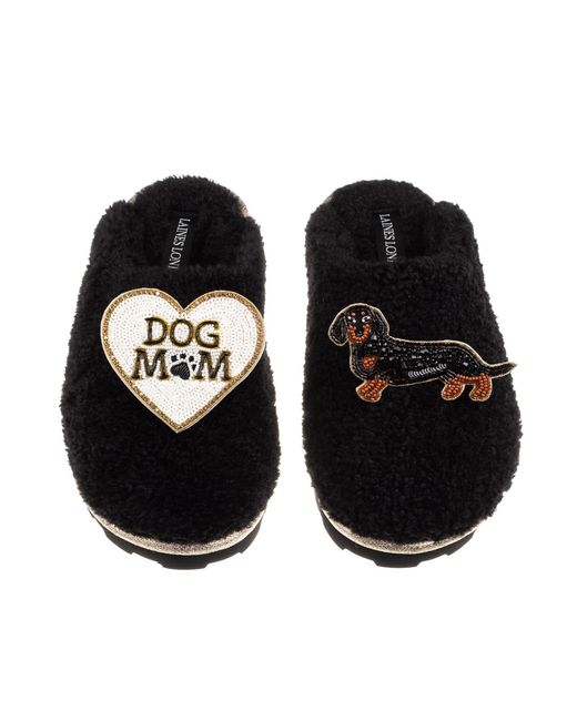 Laines London Black Teddy Closed Toe Slippers With Dog Mum/Mom & & Tan Dachshund Brooches