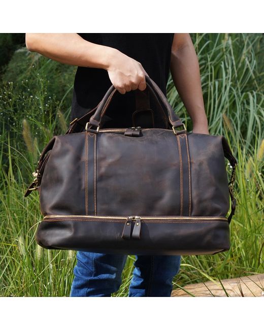 Touri Black Leather Weekend Bag With Suit Compartment for men