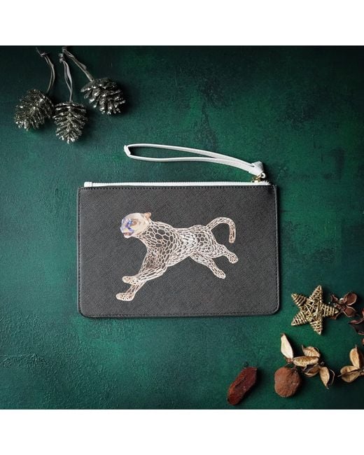 Marokka Design Black Cheetah Medium Clutch Bag Saffiano Leather Finish