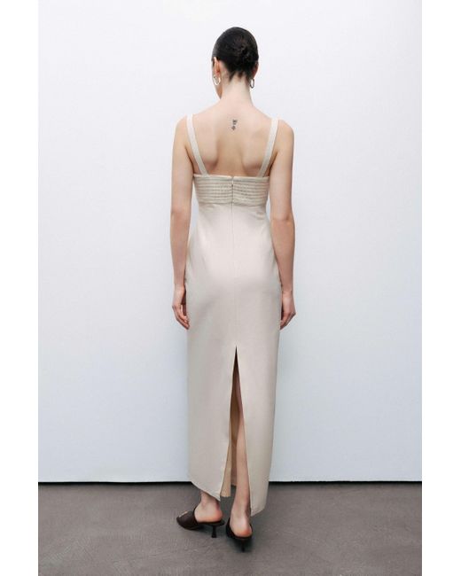 Nocturne White Neutrals Ecru Linen Brode Detailed Sweetheart Maxi Dress