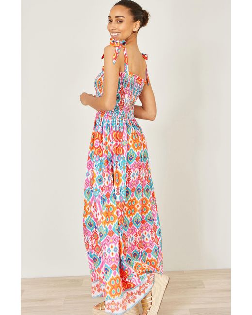Yumi' Red Multicolour Ikat Print Maxi Viscose Sun Dress