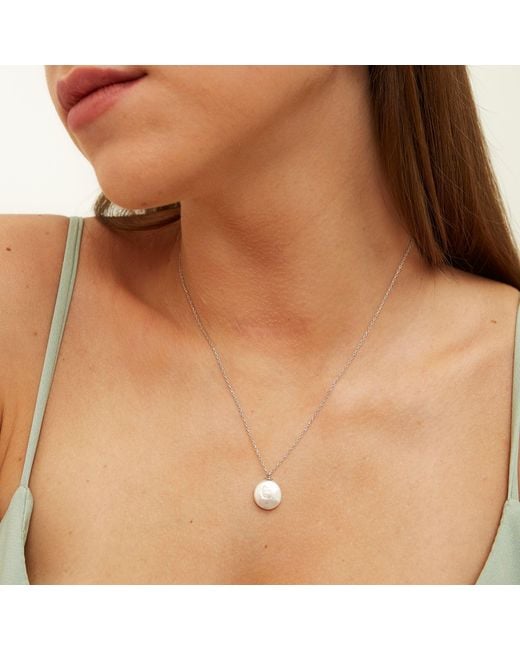 Spero London Metallic Baroque Flat Pearl Coin Pendant Necklace Sterling