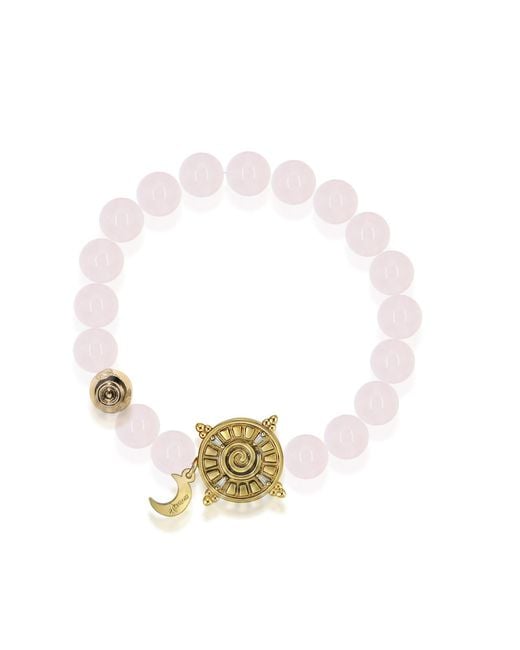 Aurozia Metallic Three Charms Solar Meridian Plated Sundial And The Sun Crystal Rose Quartz Beaded Bracelet