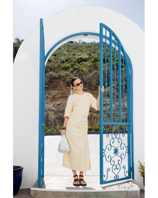 Rave on Trend Yellow Ruched Cotton T-Shirt Dress