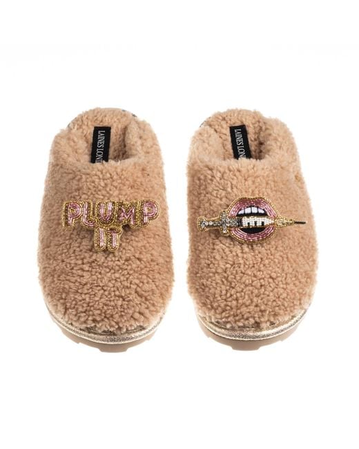 Laines London Natural Neutrals Teddy Closed Toe Slippers With Plump It Pout Brooches