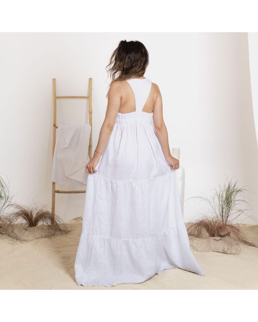 Nikka Place White Linen Maxi Summer Maternity Dress With Tie