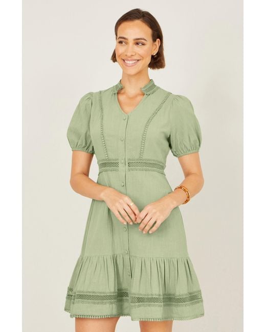 Yumi' Green Cotton Lace Trim Skater Shirt Dress