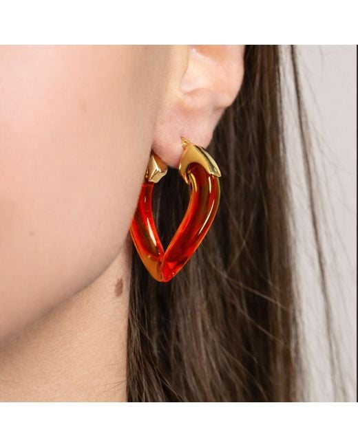 Gold & Honey Red Garnet Curb Link Lucite Birthstone Hoop Earrings