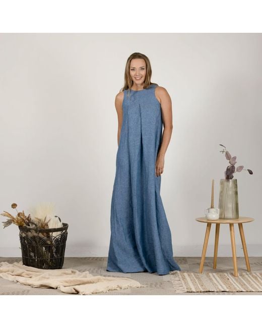 Nikka Place Blue Gathered Linen Maternity A-Line Dress