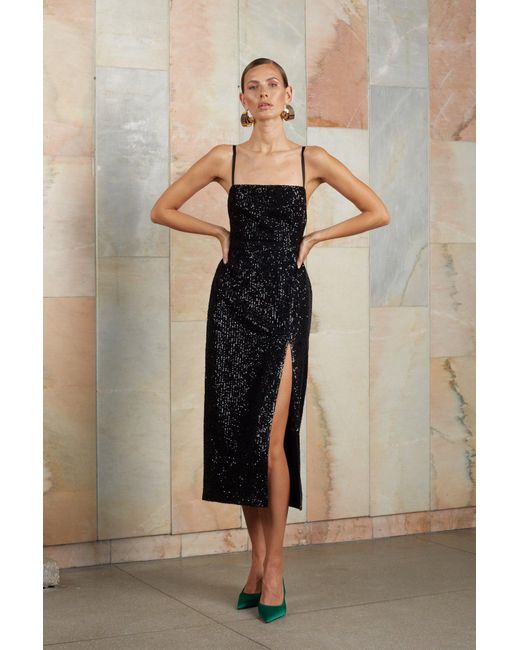 Undress Black Chloe Sequin Midi Cocktail Dress With Front Slit