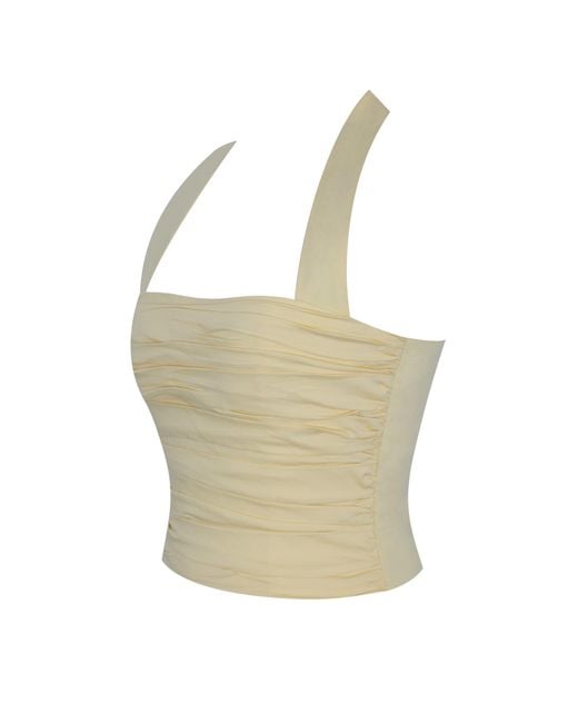 Miss Circle New York White Wilsie Lemon Cotton Poplin Ruched Halter Top