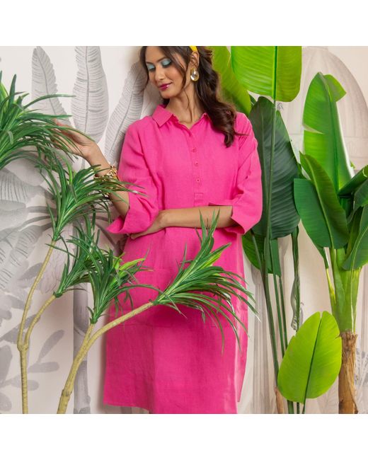 NoLoGo-chic Pink Up Town Linen Shirt Dress