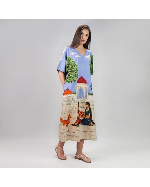 DHARA SHETH DUBAI Blue Saanjh Heritage Art Print Long Cotton Kaftan Dress